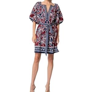 Ciebon Arya Boho Print Tie Waist Dress Red Navy Short Sleeve Lined Small NWOT